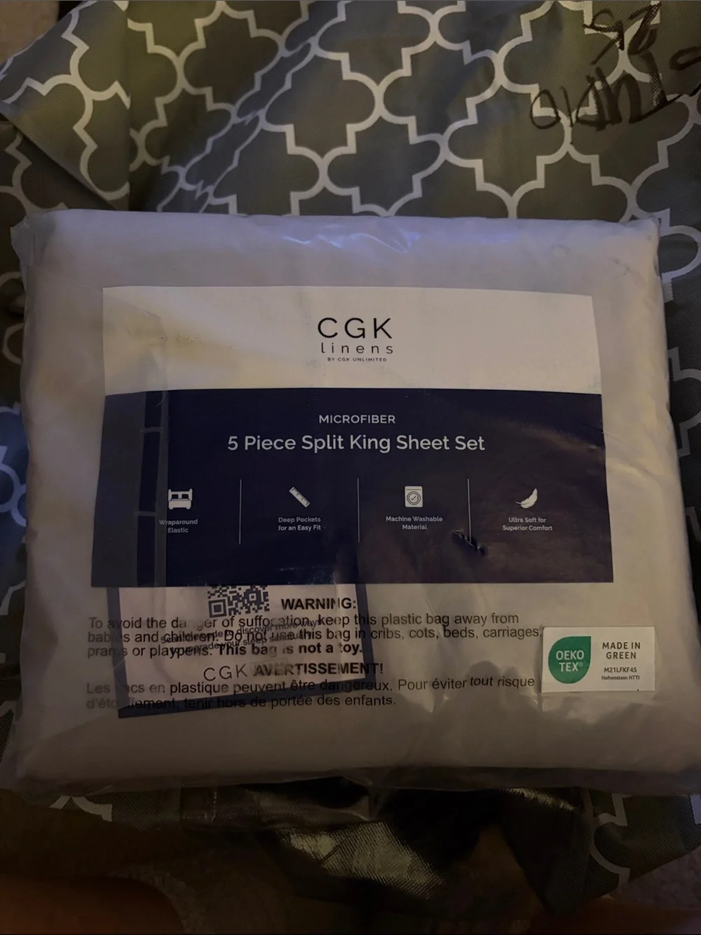 NWT grey 5-Piece Split King Microfiber Sheet Set